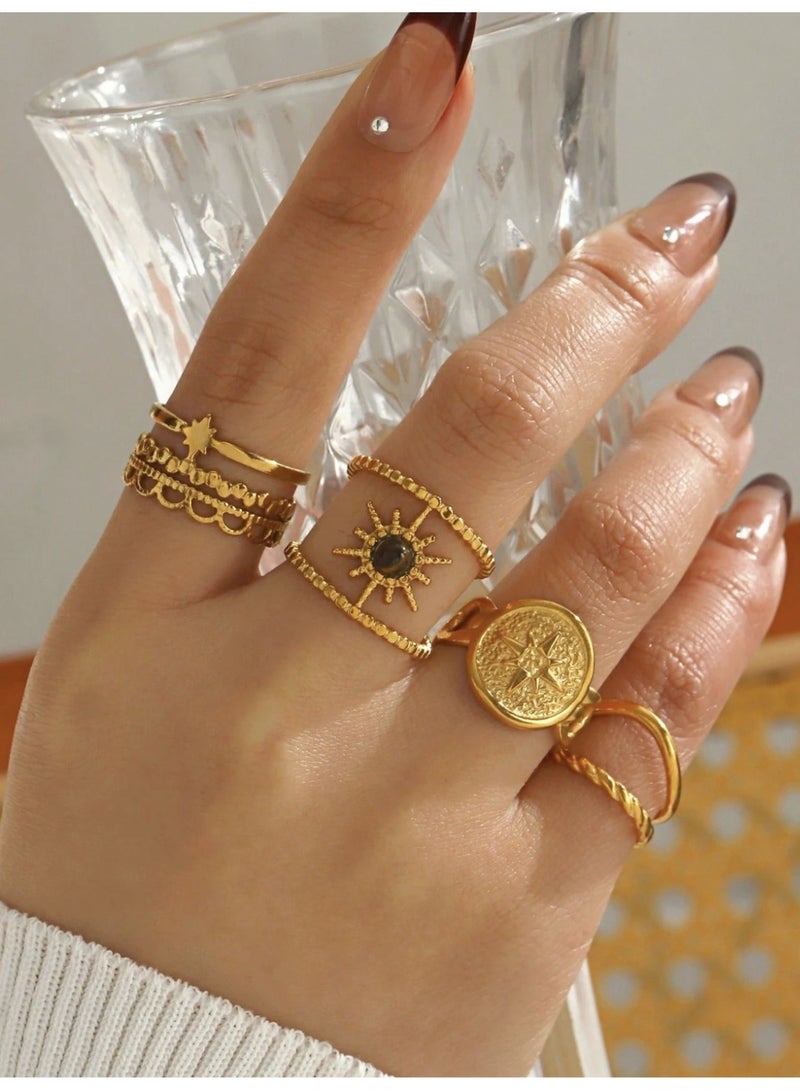 ڤيا مجموعة 4 خواتم نسائية مطلية بالذهب عيار 18 – تصميم النجمة والشمس - Image 1